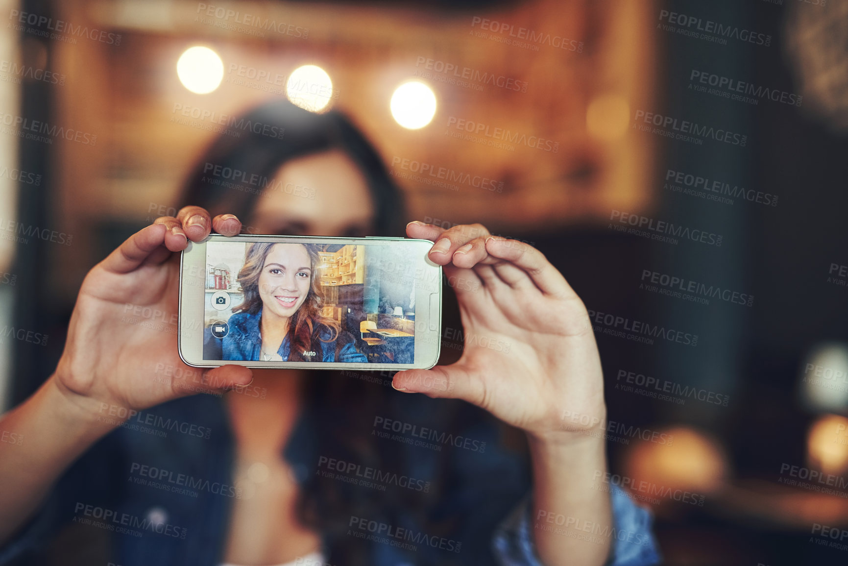 Buy stock photo Woman, smile and phone screen with selfie in cafe for social media notification, communication and memory. Female influencer, mobile picture or live streaming for vlogging, blog update and camera app