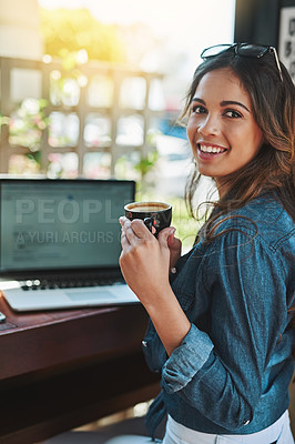 Buy stock photo Woman, portrait and laptop at coffee shop for remote work as freelance copywriter for article, review or email. Female person, face and caffeine drink in restaurant for writing blog, research or cafe