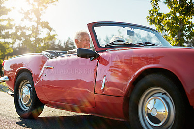 Buy stock photo Senior, couple and convertible road trip or travel journey for retirement or luxury car, driving or transport. Old people, vehicle and California vineyard or vacation adventure, tourism or romance
