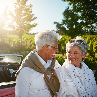 Buy stock photo Shot of a senior couple going on a road trip 