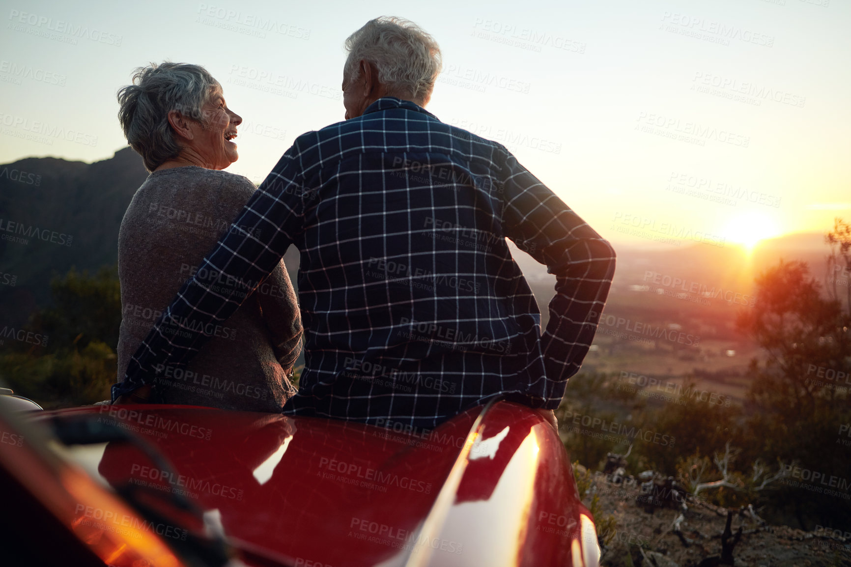 Buy stock photo Shot of a senior couple enjoying  a road trip