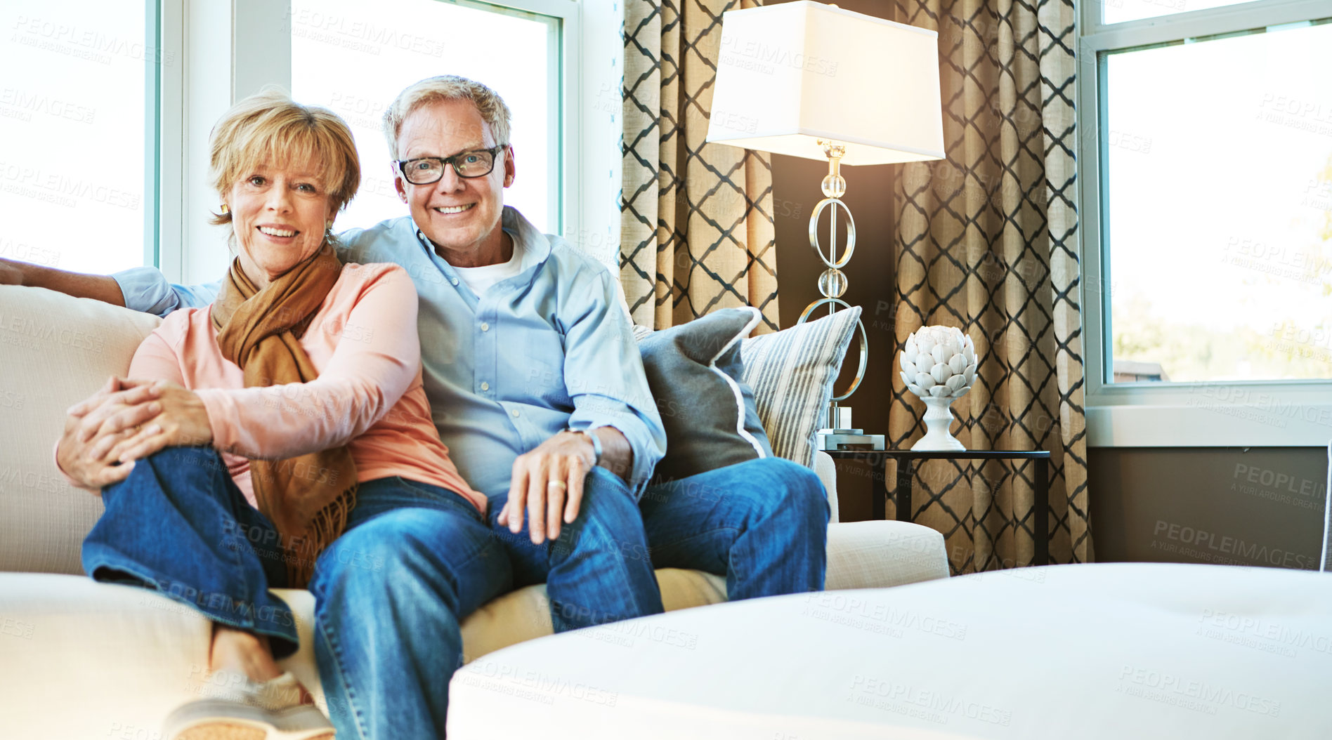 Buy stock photo Relax, happy and portrait of old couple on sofa for bonding, healthy relationship and marriage. Retirement, home and senior man and woman on couch for love, commitment and happiness in living room