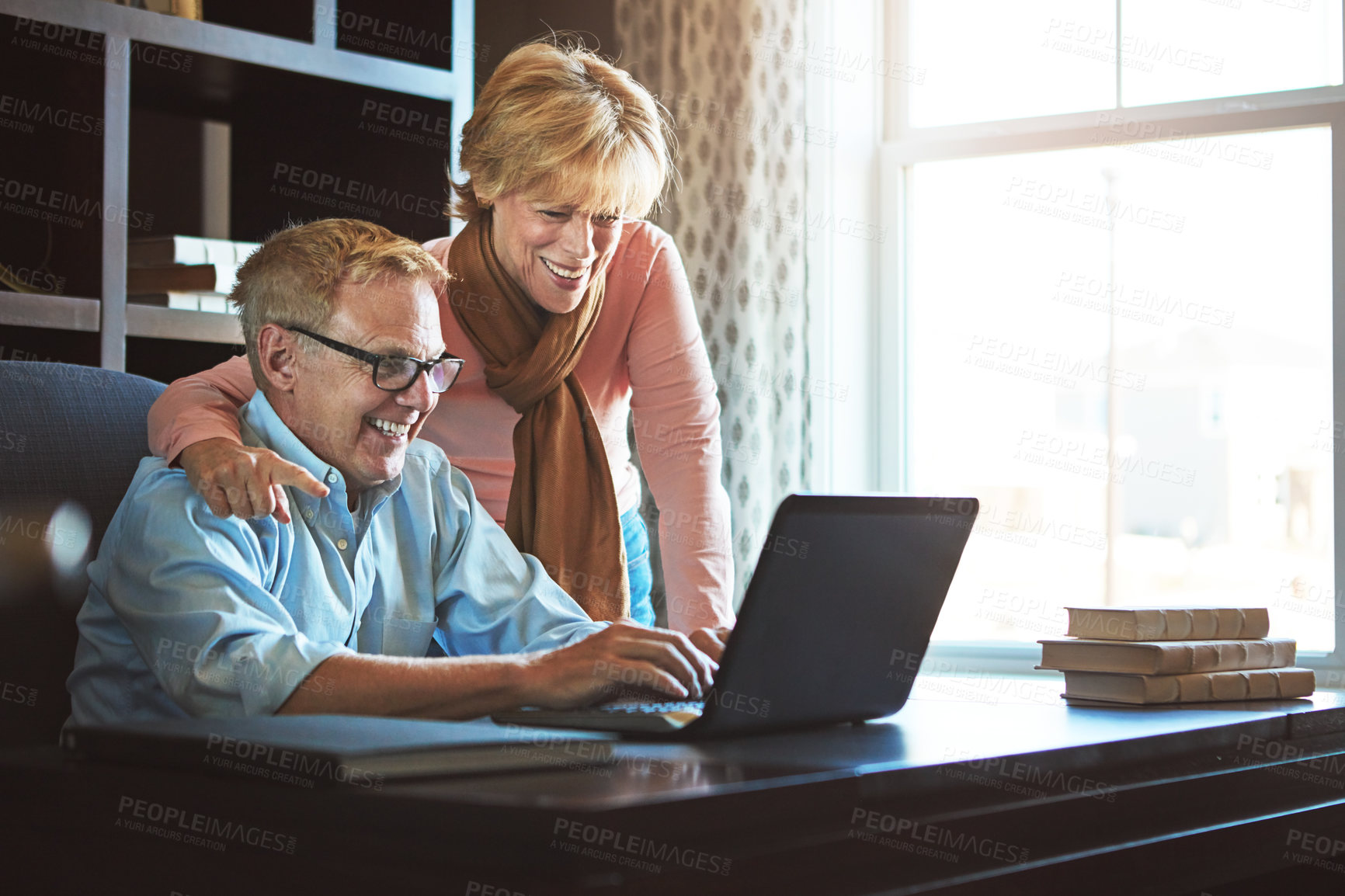 Buy stock photo Happy, home and senior couple with laptop for website, connection and internet search. Retirement, relax and mature man and woman on computer for life insurance, online application and networking