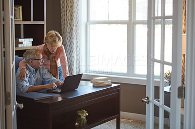 Buy stock photo Online shopping, home and senior couple with laptop for website, connection and internet search. Retirement, relax and mature man and woman on computer for life insurance, pension savings and finance