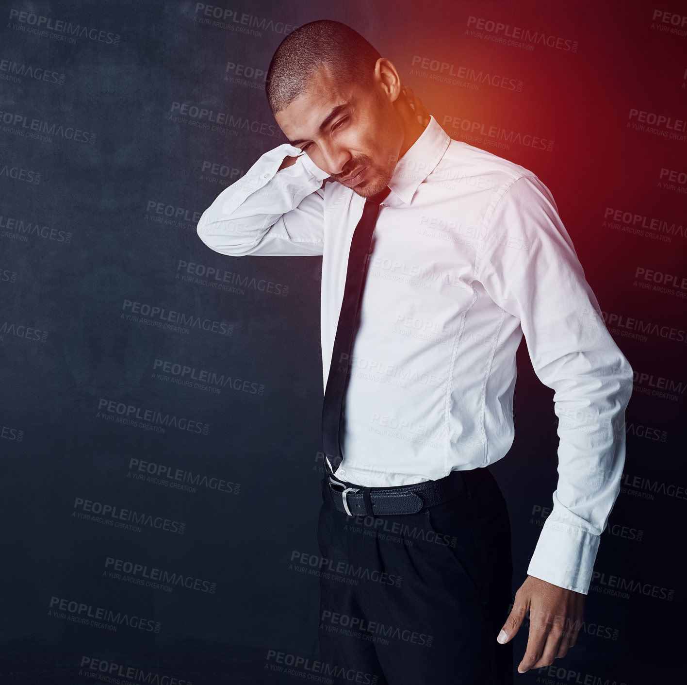 Buy stock photo Businessman, neck pain and stress with injury in studio for accident or joint inflammation on a dark background. Frustrated, man or model with ache, red glow or intense discomfort on mockup space