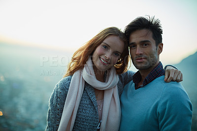 Buy stock photo Couple, portrait and hug for nature date, outdoor view and bonding for love in relationship. People, trust and embrace for romance on holiday or vacation, travel and relax on mountain for support