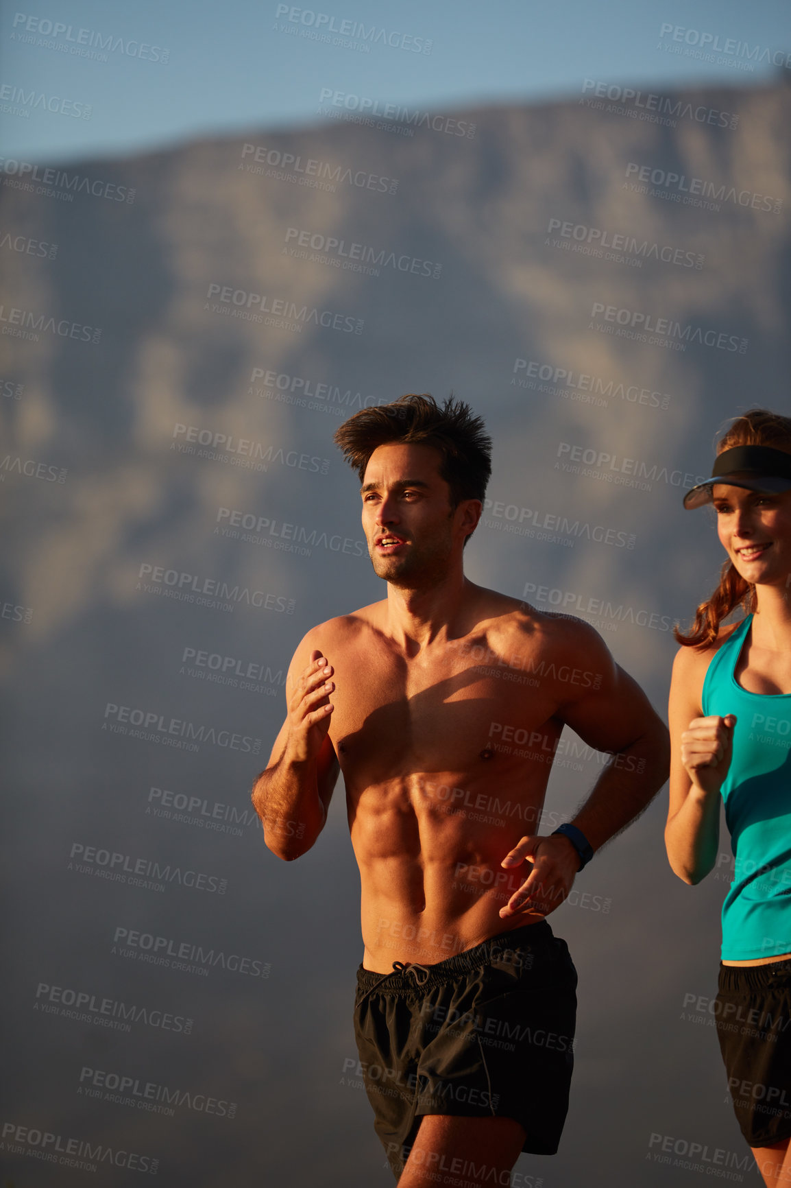 Buy stock photo Couple, running and sports exercise in outdoor, coaching and cardio challenge or marathon training. People, action and bonding together on morning jog, fitness and nature workout or personal trainer