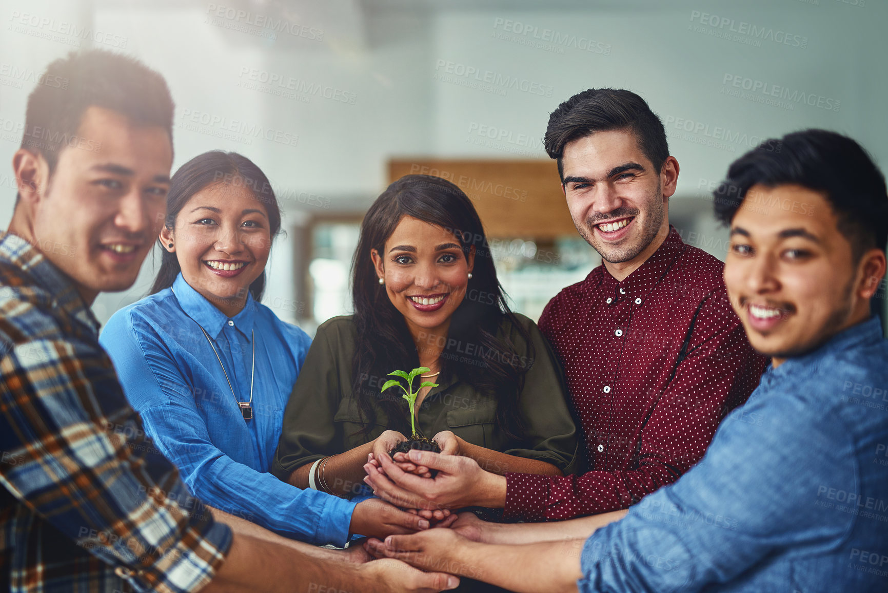 Buy stock photo Portrait, plant and soil with nature, growth and hope for teamwork and collaboration. People, sustainability and leaf for support, accountability and future development or green energy with startup