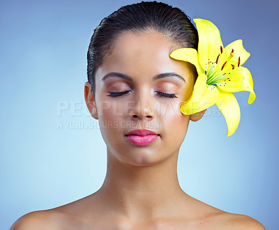 Buy stock photo Studio shot of a beautiful young woman posing with a flower against a blue background