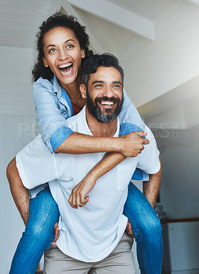 Buy stock photo Couple, people and happy in home with piggyback to relax for bonding, love and support on break together. Smile, relationship and romance with fun or laugh as family, soulmate and care or enjoy