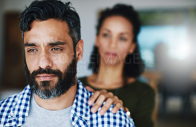 Buy stock photo Support, sad and woman comforting a man with anxiety, depression or mental health problem. Thinking, love and a couple with care, comfort and touching shoulder for concern while depressed at home
