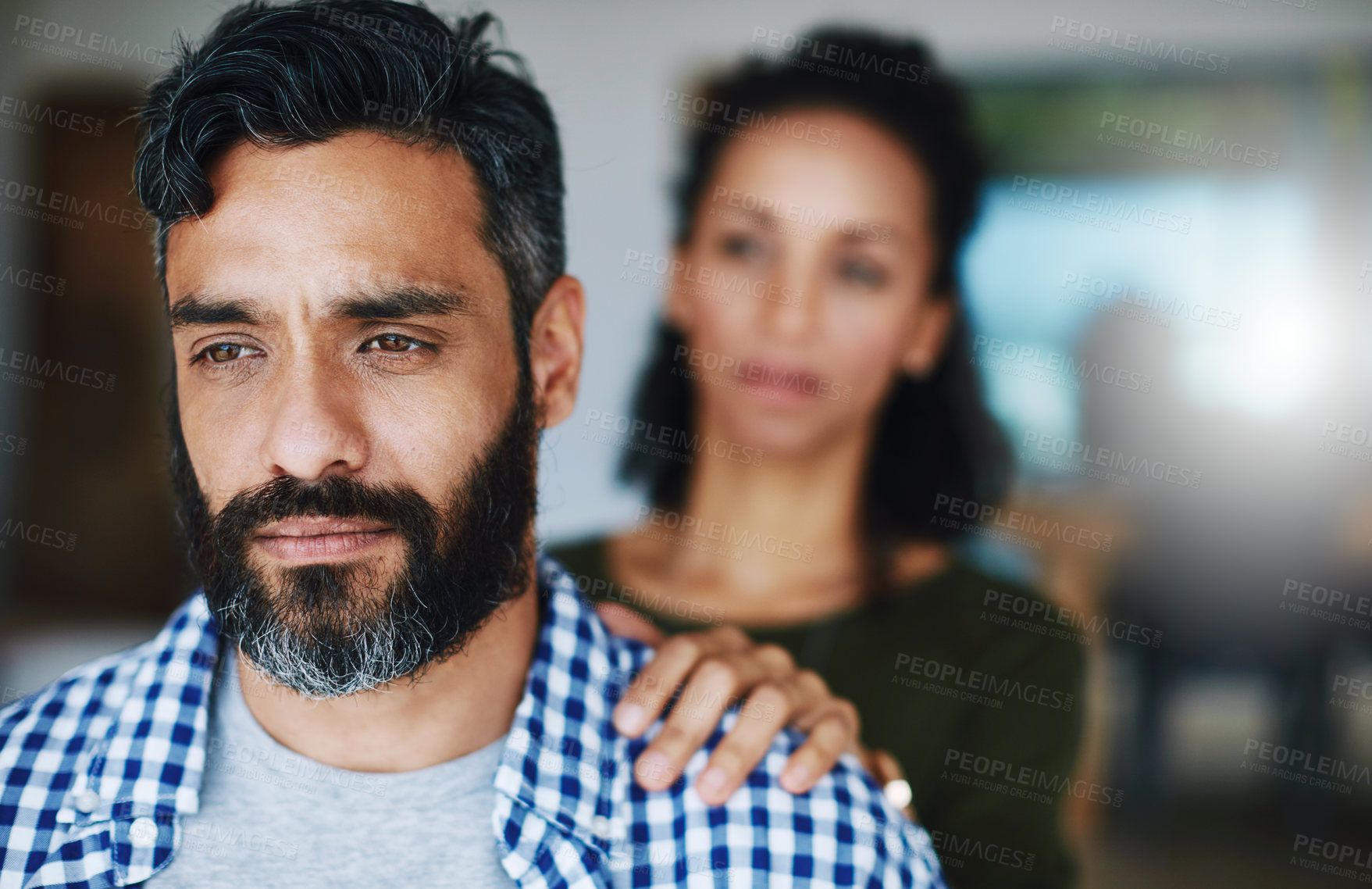 Buy stock photo Support, sad and woman comforting a man with anxiety, depression or mental health problem. Thinking, love and a couple with care, comfort and touching shoulder for concern while depressed at home