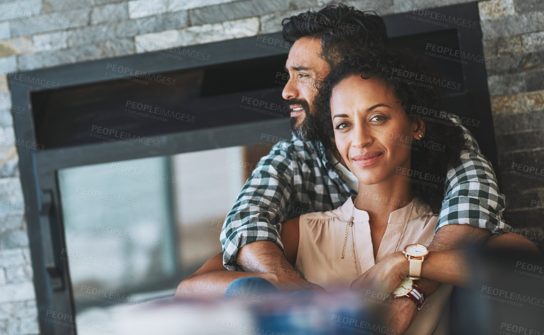 Buy stock photo Couple, smile and marriage with hug in home for romance, support and peace in commitment on weekend. Man, woman and portrait of embrace with thinking in house for intimacy, bonding or loyalty in love