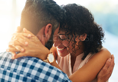 Buy stock photo Love, intimate and face of couple in home for commitment, loving embrace and trust for bonding. Marriage, relationship and happy man and woman smile for romantic moment, care and intimacy in house