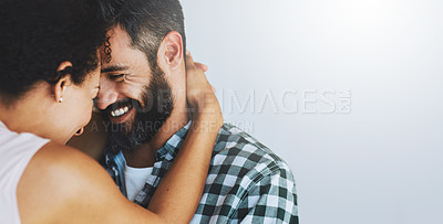 Buy stock photo Love, hug and face of couple in home for commitment, loving embrace and trust on white background. Dating, mockup space and man and woman smile for intimate moment, happy and together for romance