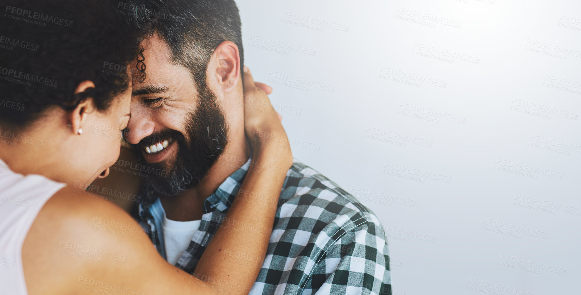 Buy stock photo Love, hug and face of couple in home for commitment, loving embrace and trust on white background. Dating, mockup space and man and woman smile for intimate moment, happy and together for romance