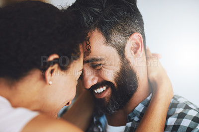 Buy stock photo Happy, marriage and face of couple in home for commitment, loving embrace and trust for bonding. Love, relationship and man and woman smile together for romantic moment, care and intimacy in house