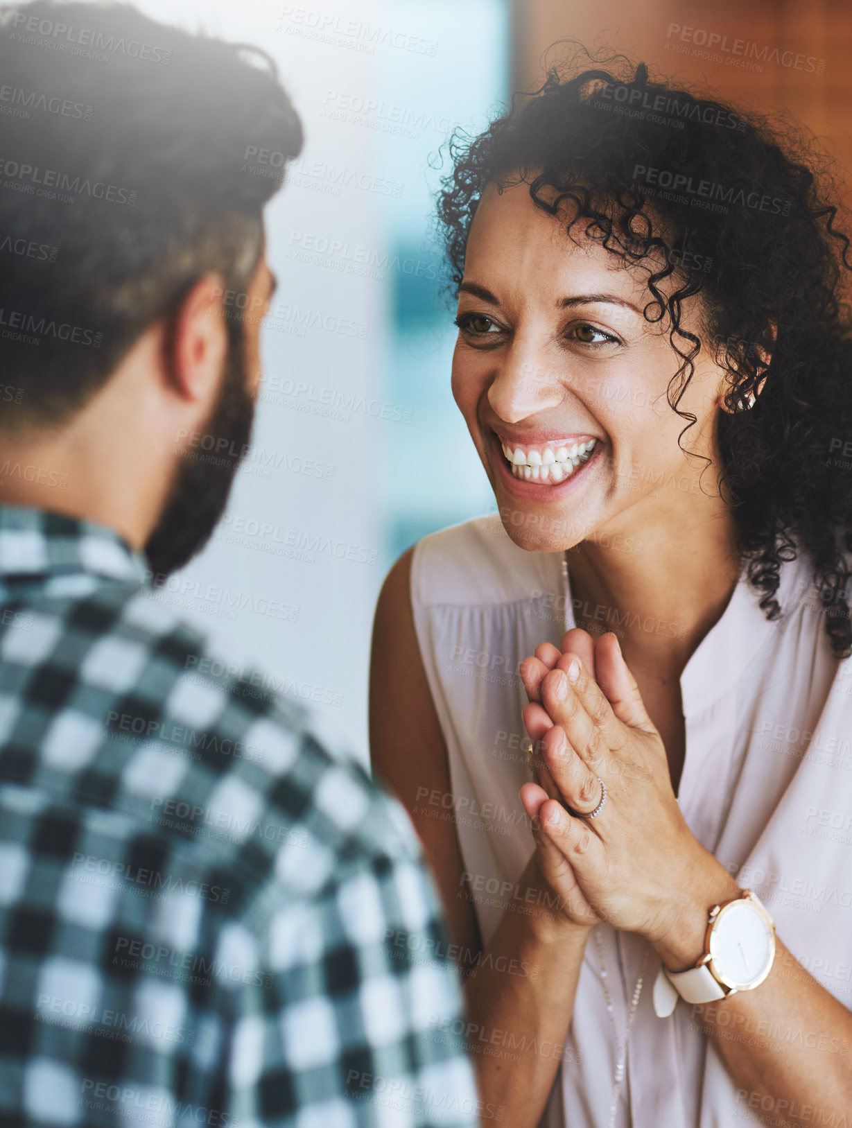 Buy stock photo Happy, couple and sharing good news for celebration, announcement and promotion at home together. Smile, woman and man with victory for success, career milestone and achievement conversation