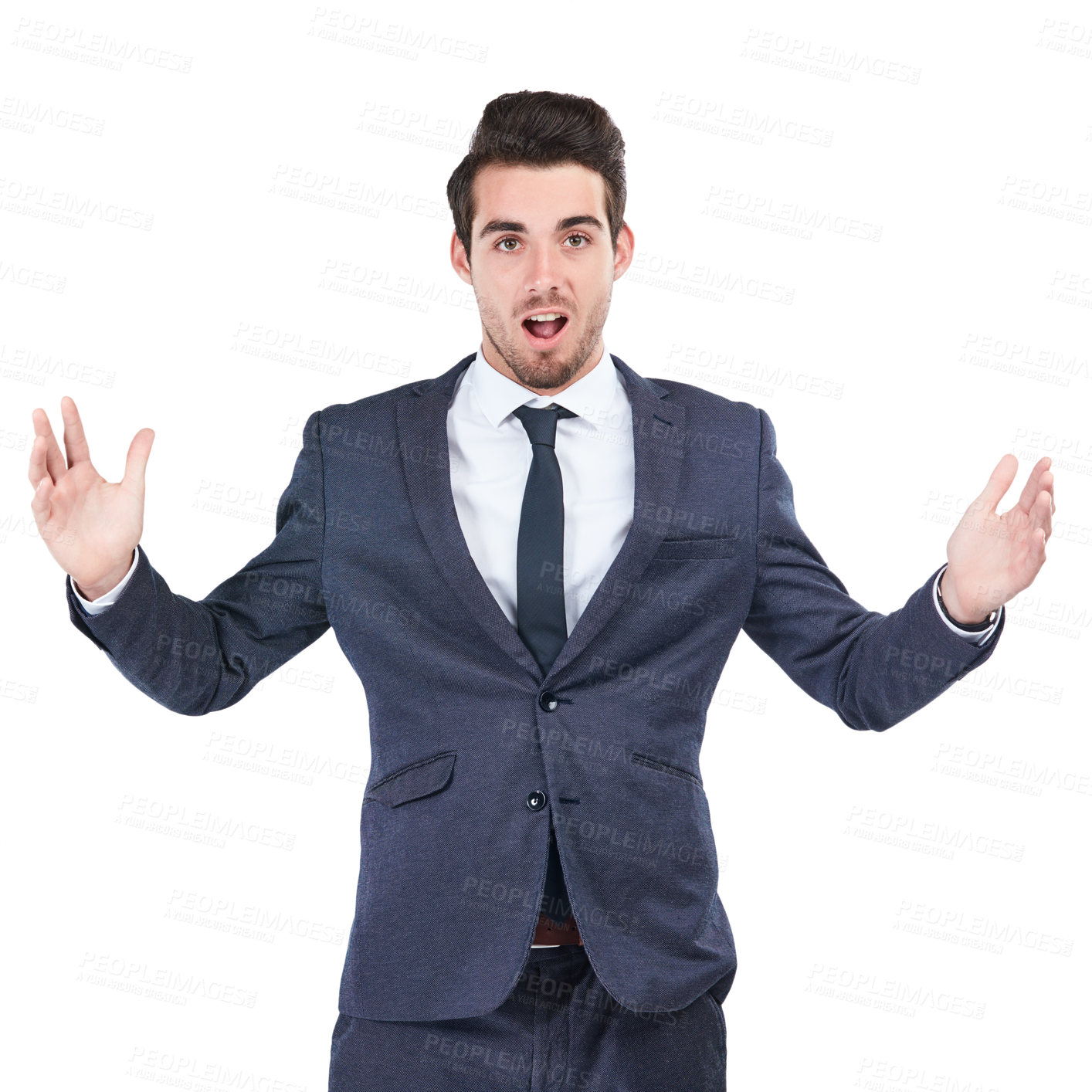 Buy stock photo Studio shot of a young businessman looking surprised against a white background