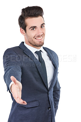 Buy stock photo Studio shot of a young businessman isolated on white