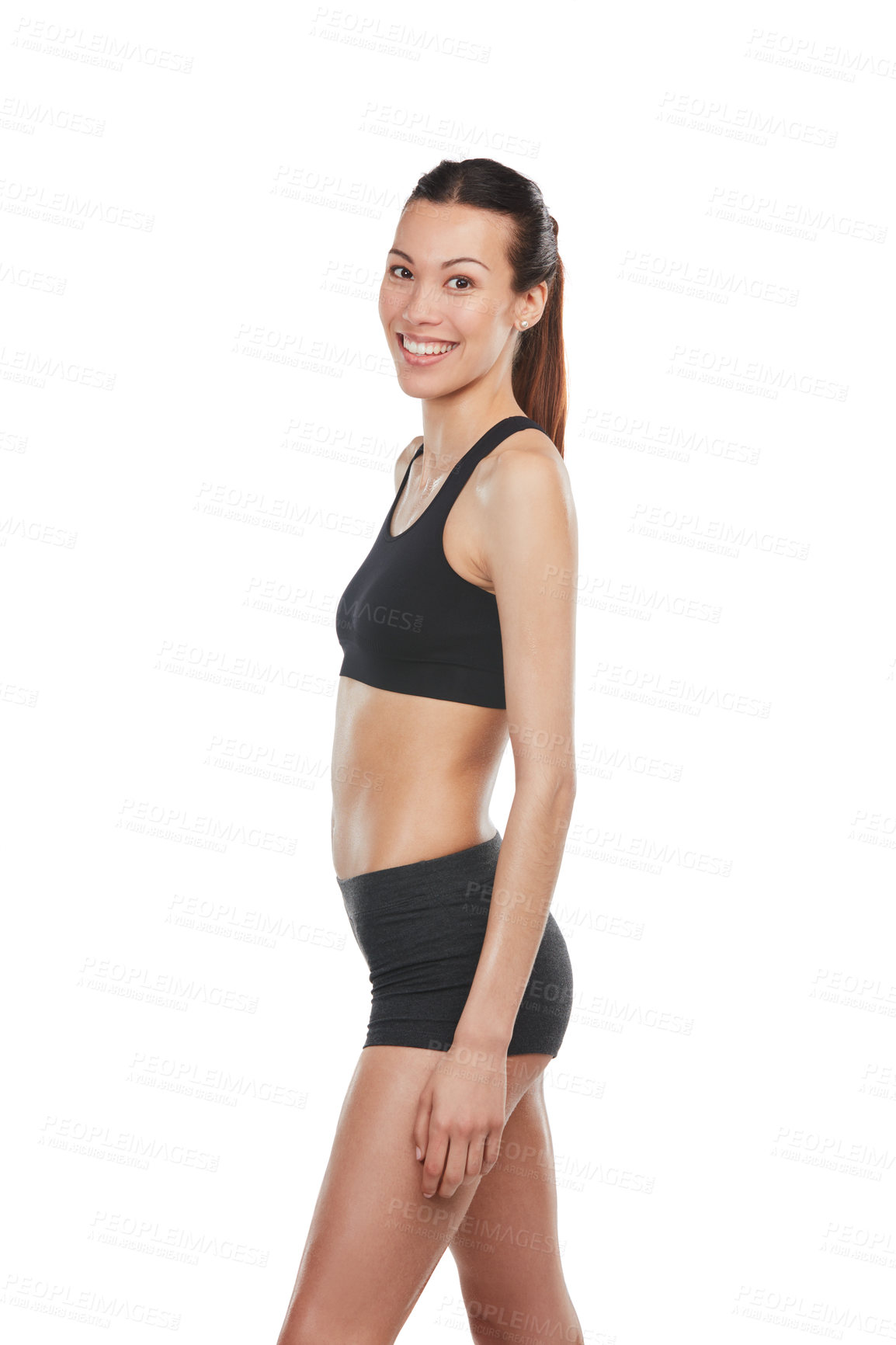 Buy stock photo Cropped portrait of a fit, young woman in sportswear isolated on white