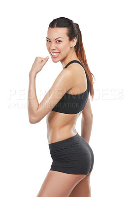 Buy stock photo Cropped portrait of a fit, young woman flexing in sportswear isolated on white