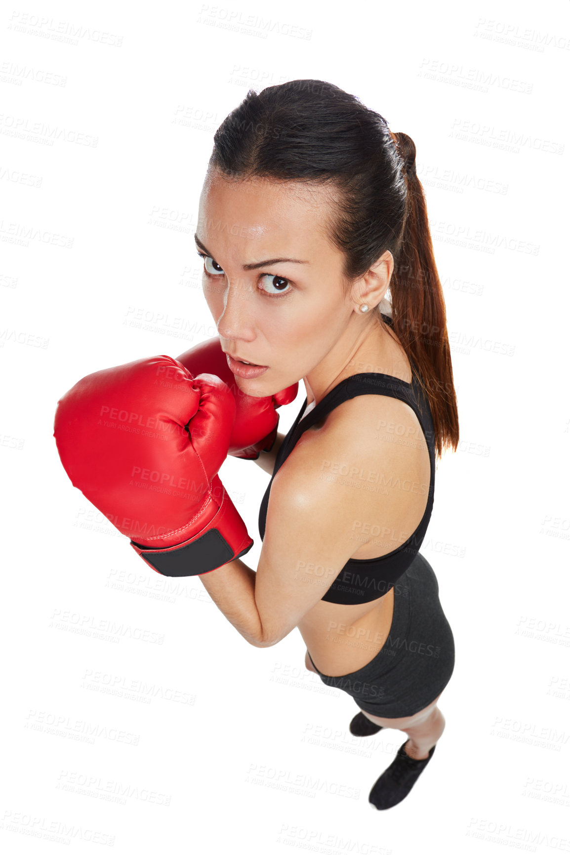 Buy stock photo High angle portrait of a young female athlete boxing against a white background