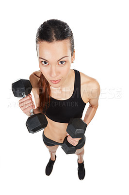 Buy stock photo Studio shot of a young woman working out with dumbbells against a white background