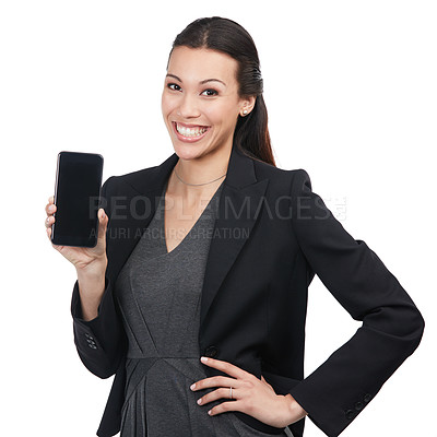 Buy stock photo Portrait of an attractive young businesswoman showing you a cellphone screen