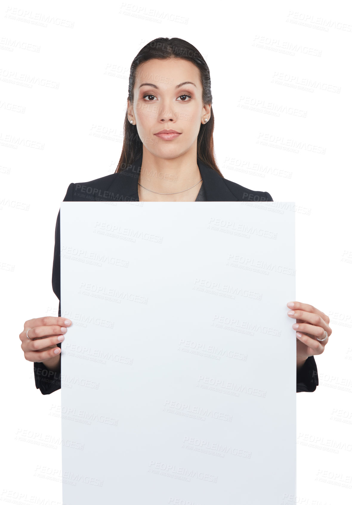 Buy stock photo Portrait of an attractive young businesswoman holding up a blank signboard