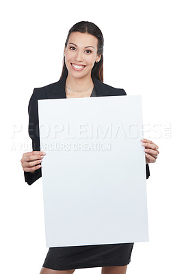 Buy stock photo Portrait of an attractive young businesswoman holding up a blank signboard