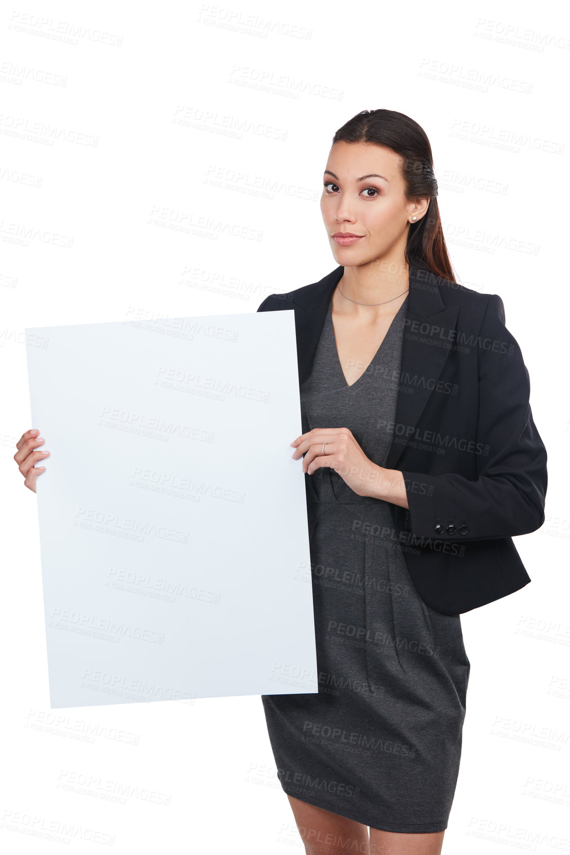 Buy stock photo Portrait of an attractive young businesswoman holding up a blank signboard