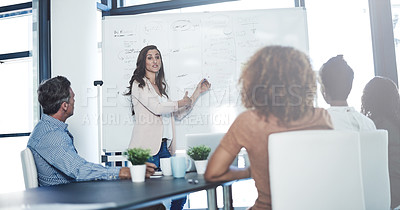 Buy stock photo Shot of a businesswoman delivering a presentation to her colleagues in a boardroom meeting