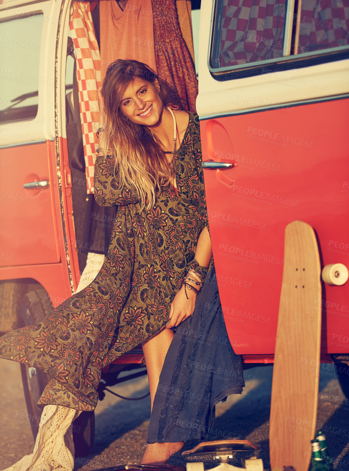 Buy stock photo Shot of a gorgeous young woman enjoying a roadtrip on her own