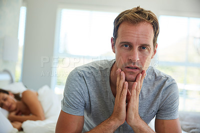 Buy stock photo Portrait, thinking and man in bedroom at house with stress, anxiety and conflict problem of secret from cheating on sleeping woman. Mistake, person and fear of infertility dream with insomnia crisis
