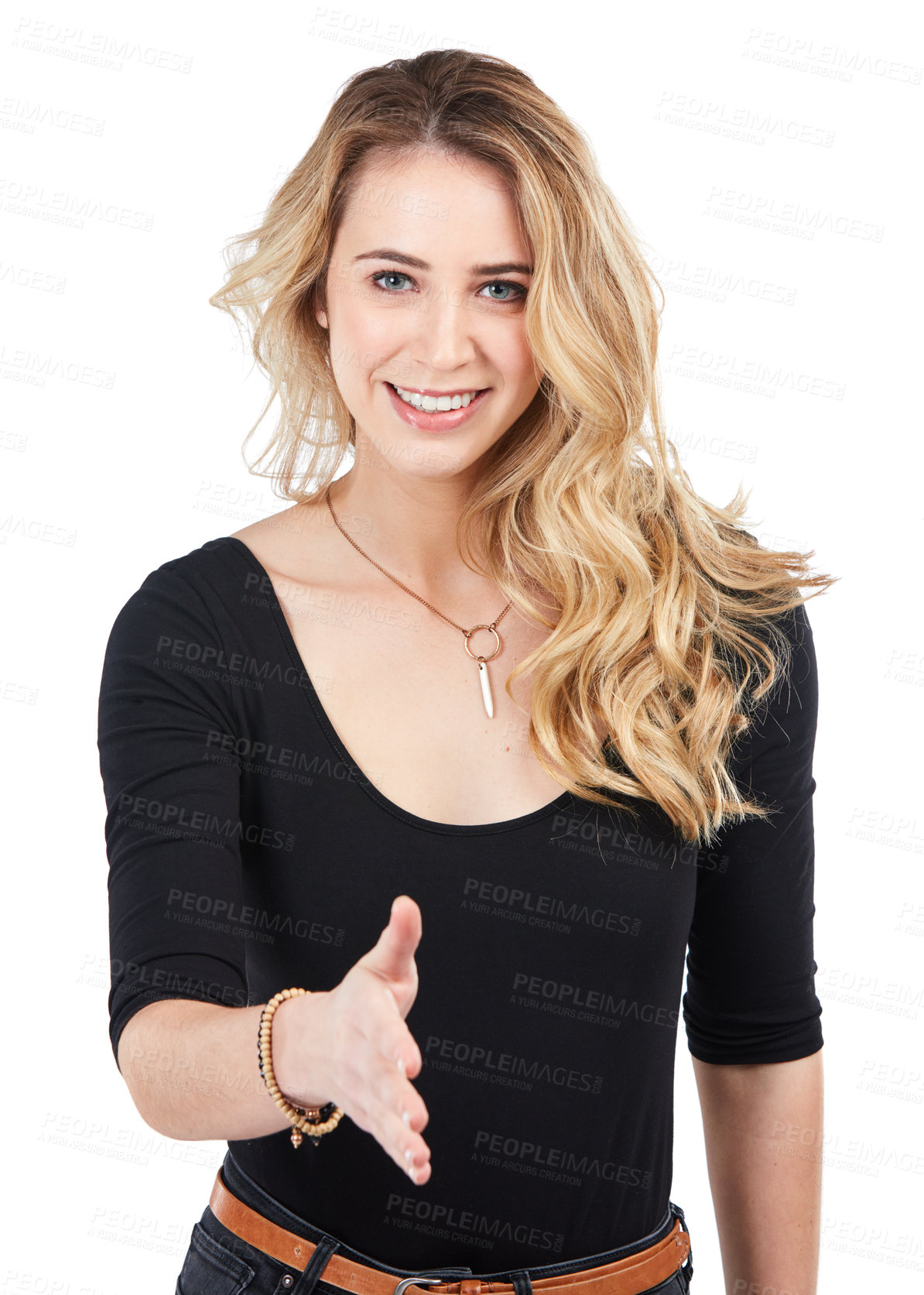 Buy stock photo Handshake, welcome or hello with woman in portrait, introduction and greeting isolated on white background. Thank you, trust and communication with shaking hands and smile, happy woman and solidarity