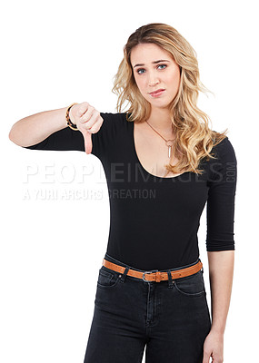 Buy stock photo Portrait, thumbs down and emoji with a woman in studio isolated on a white background to gesture dislike. Sad, mistake and rejection with an attractive young female on blank space to show a fail sign