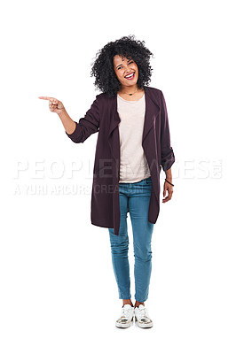 Buy stock photo Black woman, happy portrait and pointing at mockup space for sale, discount and promotion. Full body of female with hand for advertising product placement isolated on white background with copyspace
