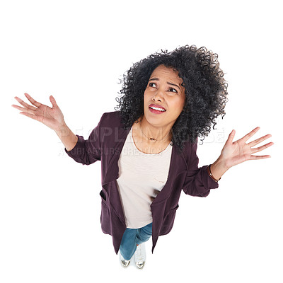 Buy stock photo Stress, thinking and confused woman shrug for problem, dilemma or risk of decision expression. Doubt, anxiety and puzzled black woman unsure of choice on isolated studio white background.