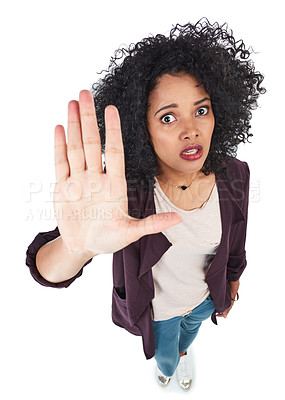 Buy stock photo Black woman, portrait and hand palm for stop or warning sign in studio for equality, freedom and fight. Female model isolated on a white background for opinion, protest and frustrated about violence