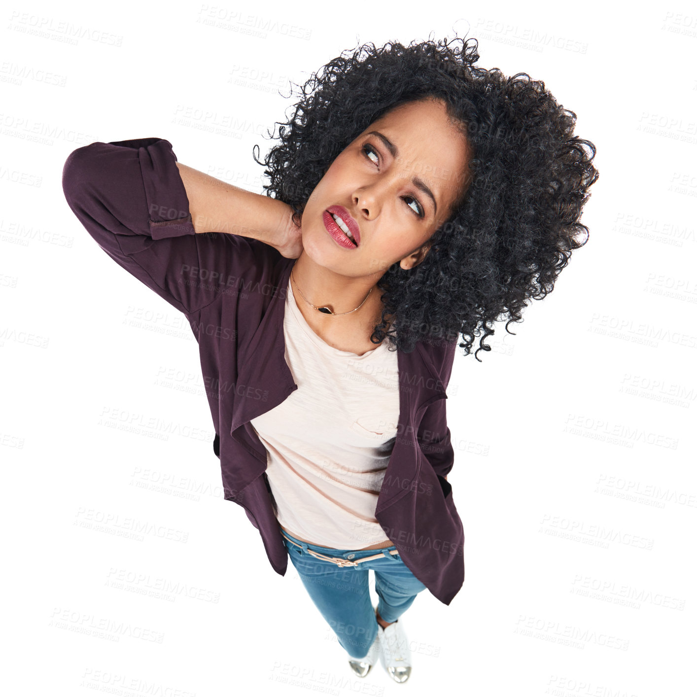 Buy stock photo Neck pain, thinking and full body with a black woman in studio isolated on a white background from above. Medical, health and injury with a female rubbing her spine in discomfort on blank space
