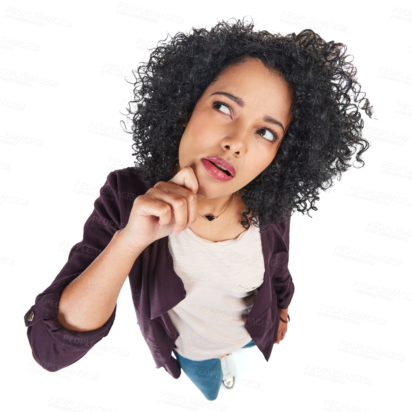 Buy stock photo Top view, black woman and thinking with focus and girl isolated on white studio background. African American female, lady and concentration with ideas, decisions and wonder with thoughts or wondering