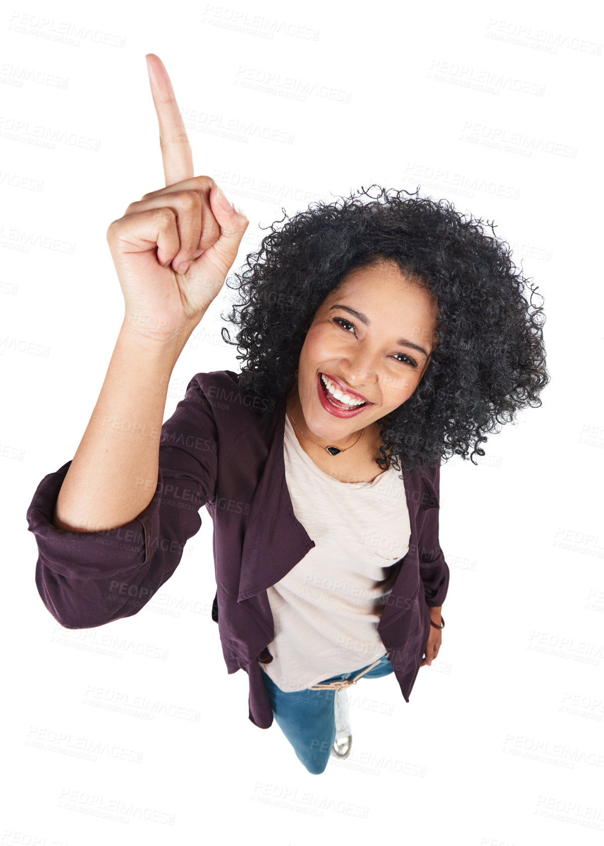 Buy stock photo Top view, black woman and pointing with smile, mockup and girl isolated on white studio background. African American female, lady or gesture for space, marketing or person with happiness on backdrop