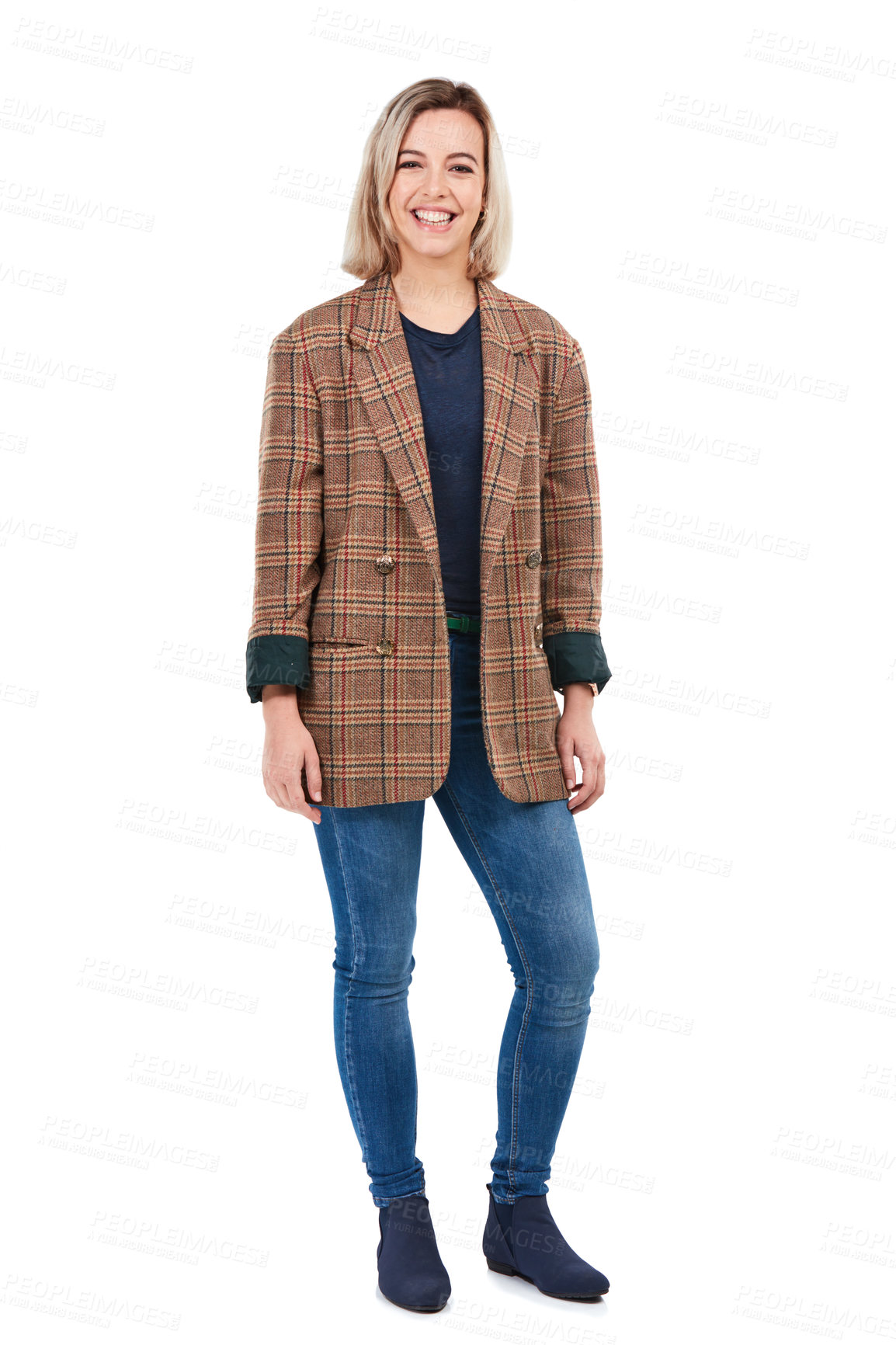 Buy stock photo Beauty, fashion and portrait of woman on a white background with casual, trendy and stylish clothes. Fashion model, smile and female isolated in studio with confident, happy attitude and classy style