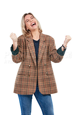 Buy stock photo Success, achievement and happy woman with good news isolated on a white background in studio. Winner, celebration and girl celebrating a victory, yes or win on a studio background with motivation