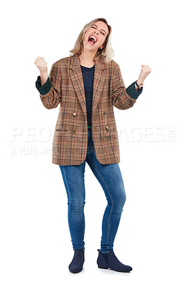 Buy stock photo Success, celebration and woman excited about winning isolated on a white background in studio. Winner, achievement and girl celebrating a victory, yes or win on a studio background with motivation