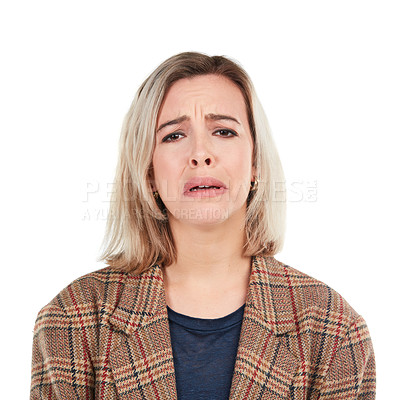 Buy stock photo Sad face, white background and portrait of woman isolated in studio for upset, depression and unhappy emotion. Sadness, fail and frustrated girl with depressed, crying and negative facial expression