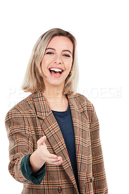 Buy stock photo Handshake, welcome or hello with business woman in portrait, introduction and onboarding isolated on white background. Corporate recruitment, trust and communication with shaking hands in interview