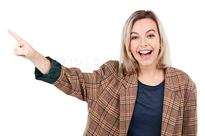 Buy stock photo Happy, excited and portrait of a smiling woman pointing isolated on a white background in studio. Direction, advertisement and beautiful girl showing a recommendation or presenting on a backdrop