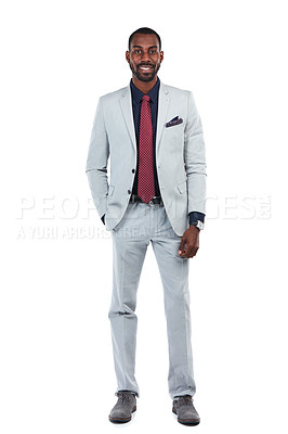Buy stock photo Businessman, success and CEO smile in portrait with executive, leadership and vision isolated on white background. Black man, black business and professional corporate boss, career goals with mindset